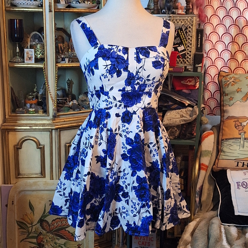 Floral Blue and White Fit & Flare Dress NWT Medium Vintage Pin-up Look